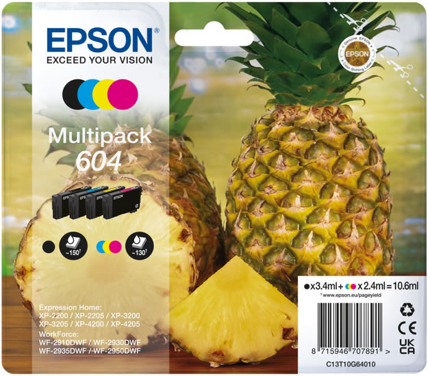 Multipack Originale EPSON 604 C13T10G64010 con Blister con 4 Cartucce Nero 3,4 ml., Ciano 2,4 ml., Magenta 2,4 ml., Giallo 2,4 ml.